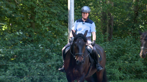 Polizeipferd Toni wird von Reiterin Ulrike Klein geritten und beide sind in voller Polizeiausrüstung zu sehen.