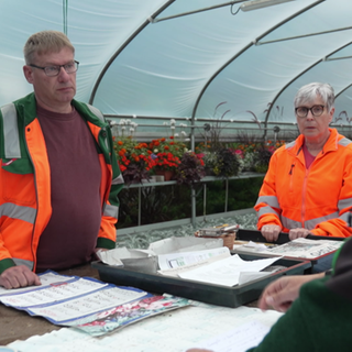 Gärtner Niko Züfle steht mit seinem Team im Gewächshaus, sie bereiten sich auf die Arbeit vor und gehen die Tagesplanung durch.
