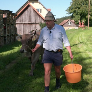 Landwirt führt Kuh am Strick