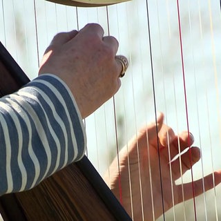 Ein Mann spielt auf einer Harfe