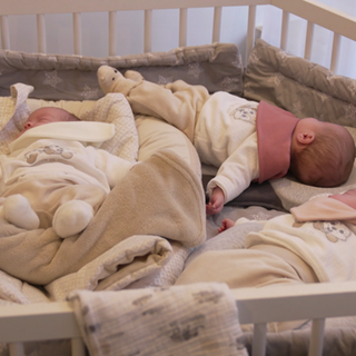 Eineiige Drillinge liegen in ihrem Bett.