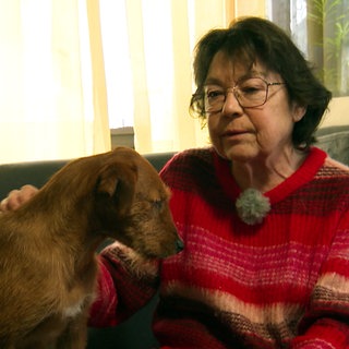 Hündin Pauline sitzt neben ihrer Besitzerin Claudia Beer auf dem Sofa.