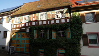 Mann winkt aus dem Fenster eines bunten Fachwerhauses