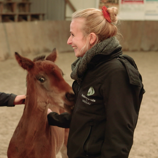 Nicola Weissenberger und Tierärztin Ronja Arnold (rechts) stehen in einer Reithalle. Zwischen ihnen steht ein Fohlen, das beide streicheln.