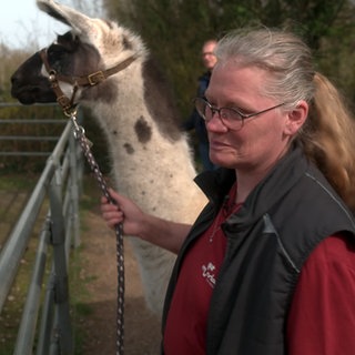 Verena Münch steht im Vordergrund und hält mit der rechen Hand die Leine von Lama Jaro. Jaro steht hinter Verena und guck nach links.