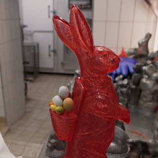 Ein roter Zuckerosterhase mit einem Rucksack mit kleinen Eiern drin steht in einer grau-weißen Industrieküche.