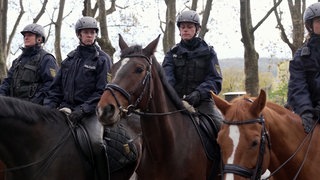 Polizeihauptmeisterin Sarah Heid sitzt in Uniform auf dem Pferd Finn. Links und rechts von ihr sitzen weitere uniformierte Kollegen auf Pferden.