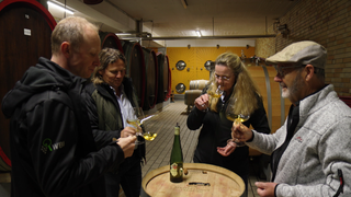 Drei Männer und eine Frau stehen in einem Weinkeller und machen ein Weintasting.