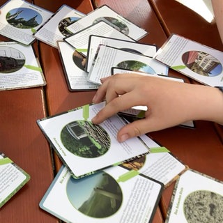 Einige Spielkarten mit Bildern liegen auf einem braunen Holztisch.