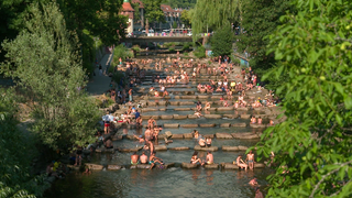 Viele Menschen sitzen auf einer Treppe im Fluss Dreisam in Freiburg. 