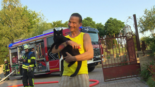 Leiter einer Tiepension hält eine Katze auf dem Arm während im Hintergrund eine Feuerwehrübung stattfindet.