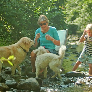 Familie Bohny sitzt in einem Bach, der von einem Wald umgeben ist. Vor ihnen stehen zwei Hunde.