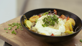 Süßkartoffel mit geräucherter Burrata.