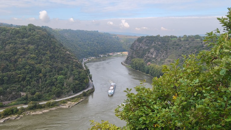 Ein Ausblick von der Rheinsteigwanderung auf den Rhein und den Loreleyfelsen.