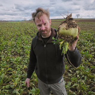 Rübenbauer Martin Oswald steht auf einem Rüben-Feld und hält eine frisch geerntete Zuckerrübe in der Hand.