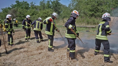 Feuerwehrleute bei einer Brandübung im Hochsommer