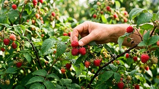 Himmbeeren werden von Strauch gepflückt