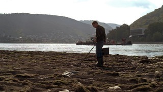 Sondengänger Christian Ganser bei Niedrigwasser am Rhein