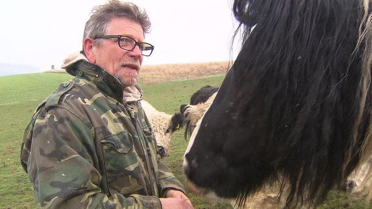 Hanspeter Nagel, füttert Pferde auf Weide, Einöllen