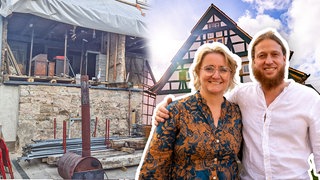 Bettina und Gabriel vor Bildern ihres 400 Jahre alten Fachwerkhauses.