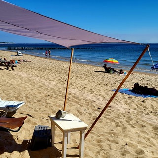 Menschen liegen am Strand und sonnen sich.