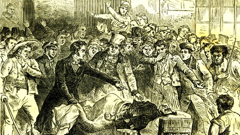 Cholera-Epidemie im Jahr 1832, historische Illustration: Krankheiten wie Pocken, Grippe, Masern und Cholera haben die indianische Urbevölkerung dezimiert, als europäische Einwanderer sie nach Amerika brachten.