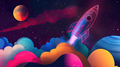 Logo des Podcasts "Ready for Liftoff!" von der ARD. Stilisierte Rakete fliegt über farbenfroher Wolkenlandschaft.